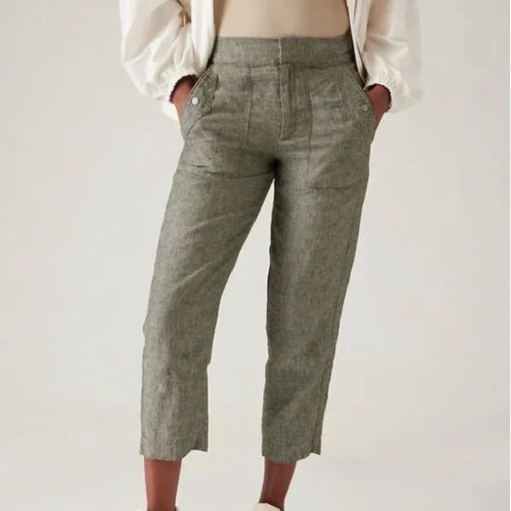 Athleta Woman's Voyager 100% linen slim cinch waist green pants, 14